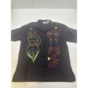 VTG Ashley Hill Short Sleeve Button Down‎ Shirt Women's XL Cat Embroidered